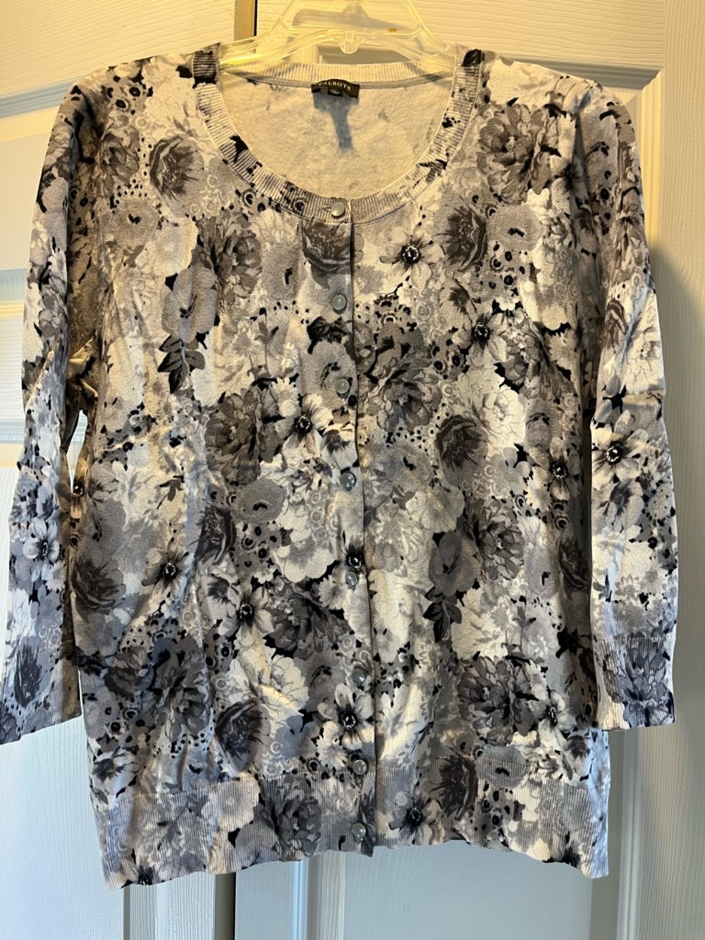 Talbots Gray and Black Floral Button-Front Three-Quarter Sleeve Cardigan